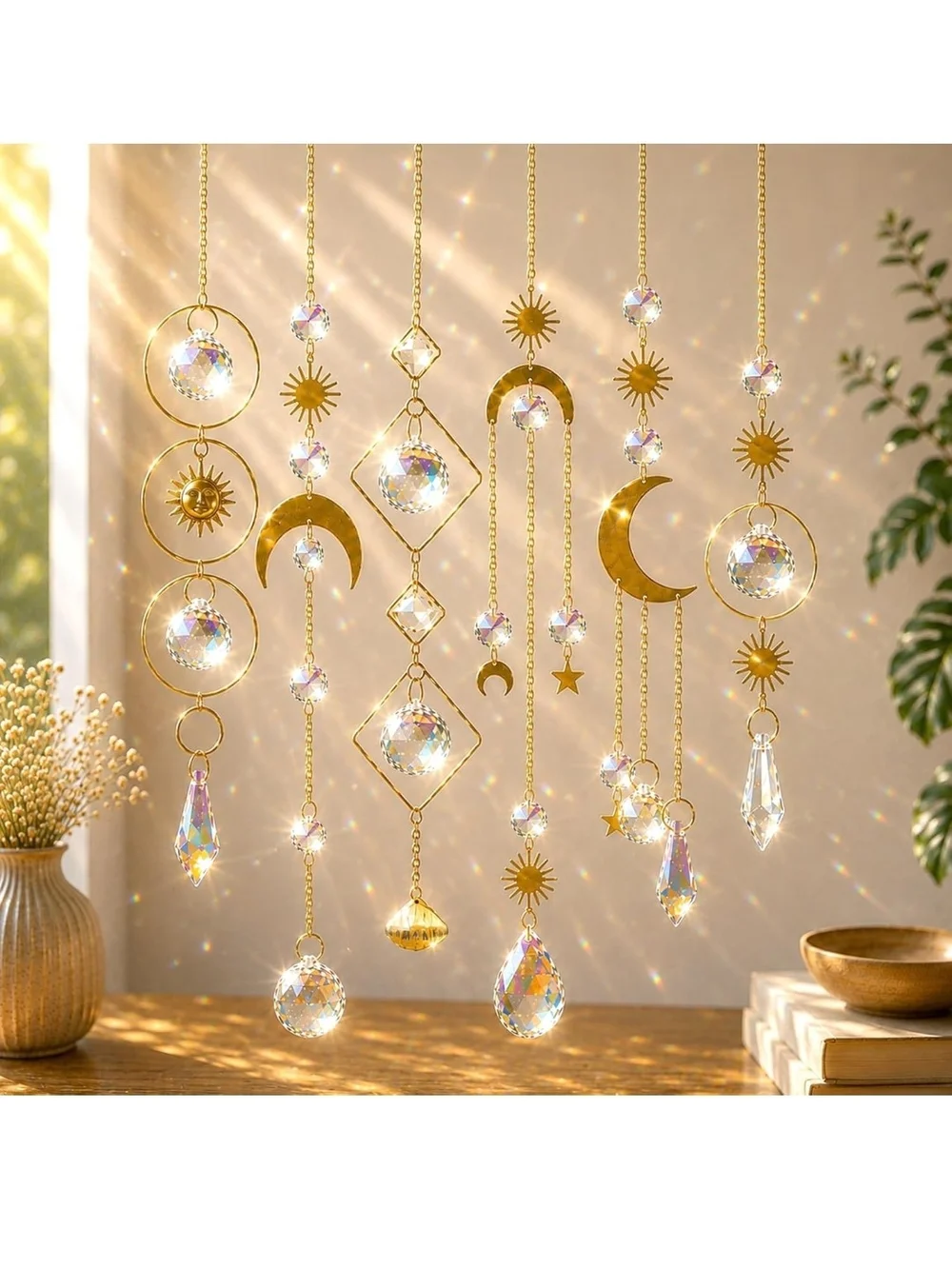 Gold Crystal Sun & Moon Hanging Suncatcher Decor